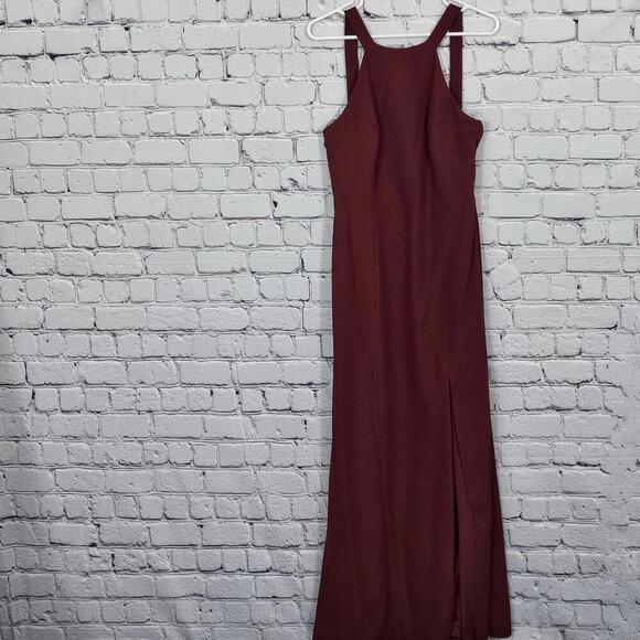 2/$50 Dessy Collection Burgundy Crepe Halter X-Back Dress 3039 Size 12 NWOT - Picture 3 of 9